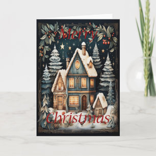 家と木の雪のクリスマスのグリーティングカード カード