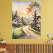 家と絵を描道路の水彩画 キャンバスプリント (インサイチュ (リビング))