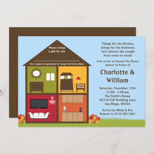 家のシャワーのブライダルシャワーのまわりの秋 招待状 (正面/裏面)