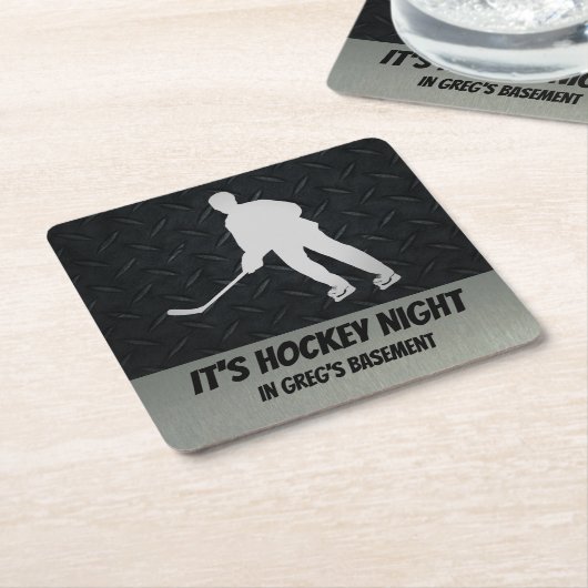 家のバーのためのパーソナライズなホッケー夜コースター スクエアペーパーコースター (アングル)