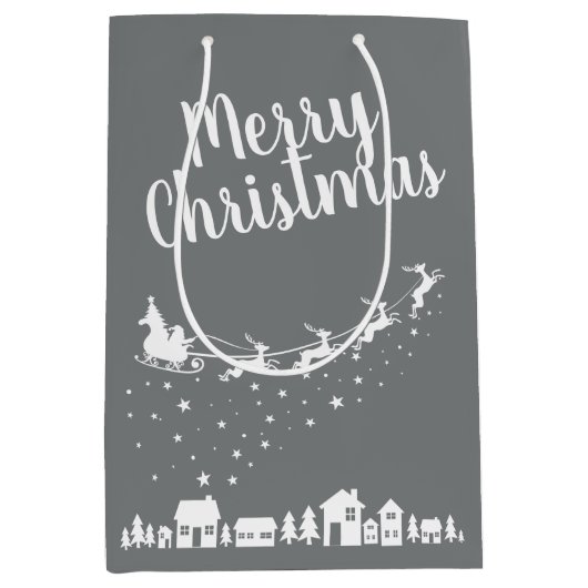 家の上のサンタのそり飛んでいるとトナカイ ミディアムペーパーバッグ (正面)