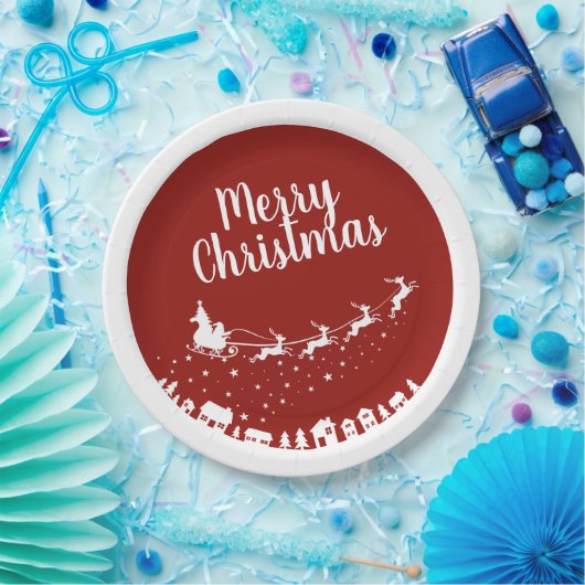 家の上のサンタ飛んでいるのソリのシルエット ペーパープレート (パーティー)