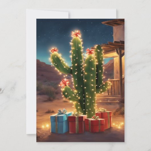 家の前にプレゼントがあるクリスマスサボテン シーズンカード (正面)