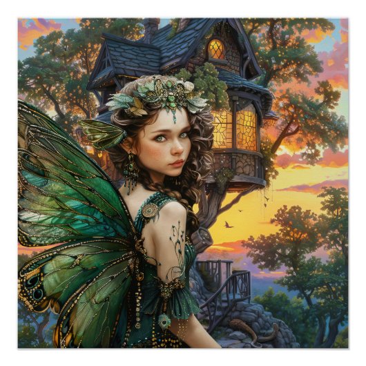 家の外で夕日を楽しむ ポスター (正面)