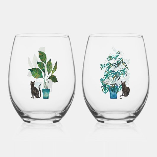 家の植物の水彩付き猫 ステムなしワイングラス (裏面)