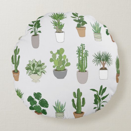 家の植物、ヴィンテージのドードルパターン ラウンドクッション (正面)