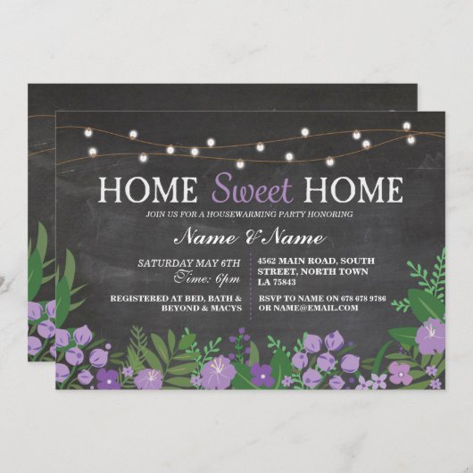 家の甘い家の引っ越し祝いパーティーのチョークの花の招待 招待状 (正面/裏面)