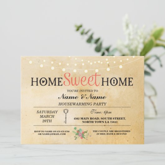 家の甘い家の引っ越し祝いパーティーのヴィンテージの鍵の招待 招待状 (スタンド正面)