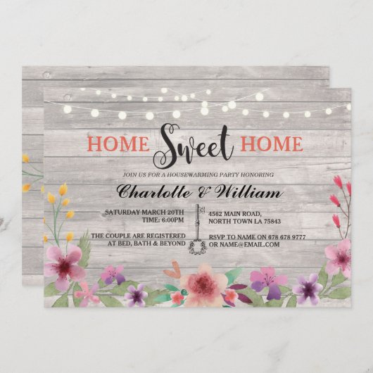家の甘い家の引っ越し祝いパーティーの花の素朴な招待 招待状 (正面/裏面)