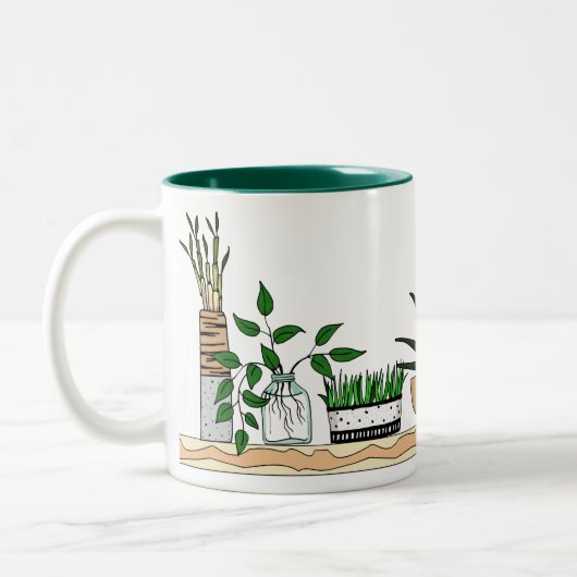家の鉢植えな植物の落書きの芸術 ツートーンマグカップ (左)