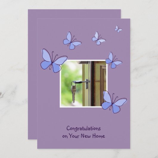 家の鍵写真おめでとうを新しいホームカードに 招待状 (正面/裏面)