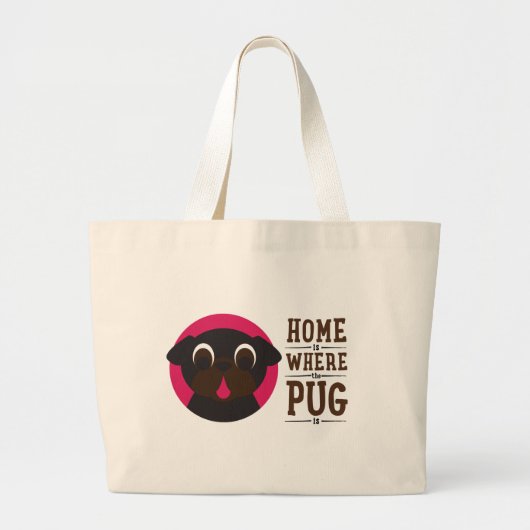 家はパグが黒いパグのトートであるところです ラージトートバッグ (正面)
