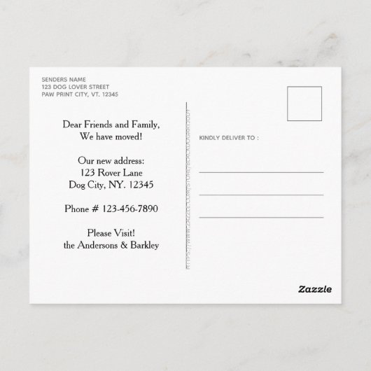 家は犬が新しいアドレスである犬が移動している ポストカード (裏面)