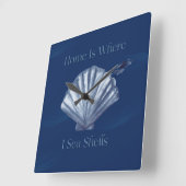 家は私が海の貝殻、沿岸をテーマにしたインジゴ スクエア壁時計 (傾斜)