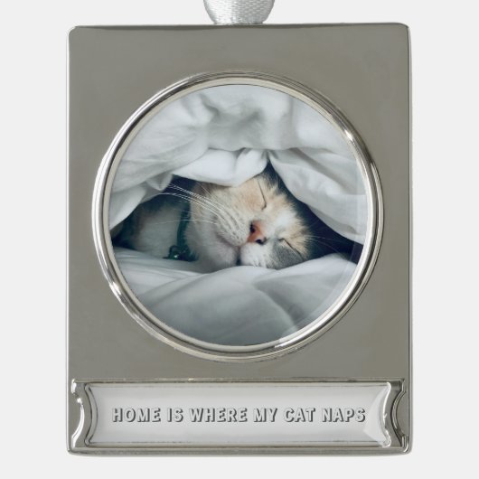 家は私の猫の昼寝カスタム写真 シルバープレートバナーオーナメント (正面)