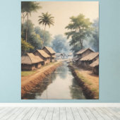 家や木のある水路 キャンバスプリント (インサイチュ (ウッドフロア))