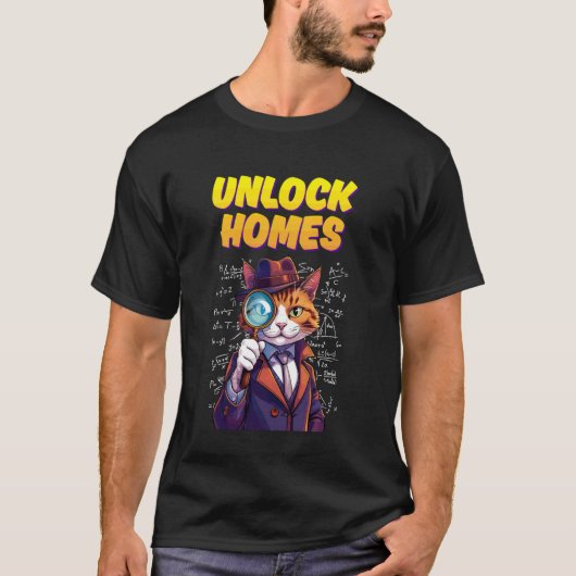 家をアンロックする猫の探偵駄洒落面白い Tシャツ (正面)