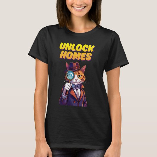 家をアンロックする ネコ探偵 ダジャレ 楽しい Tシャツ (正面)