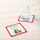 家カスタム名ツリーと猫の赤クリスマス スクエアペーパーコースター (インサイチュ)