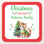 家カスタム名ツリーと猫の赤クリスマス スクエアペーパーコースター (正面)
