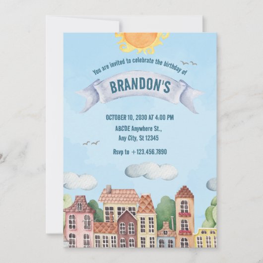 家カラフルおもしろい誕生日 招待状 (正面)