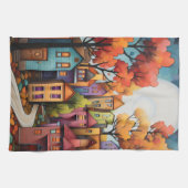 家カラフルと秋の木 キッチンタオル (横)