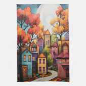 家カラフルと秋の木 キッチンタオル (縦)