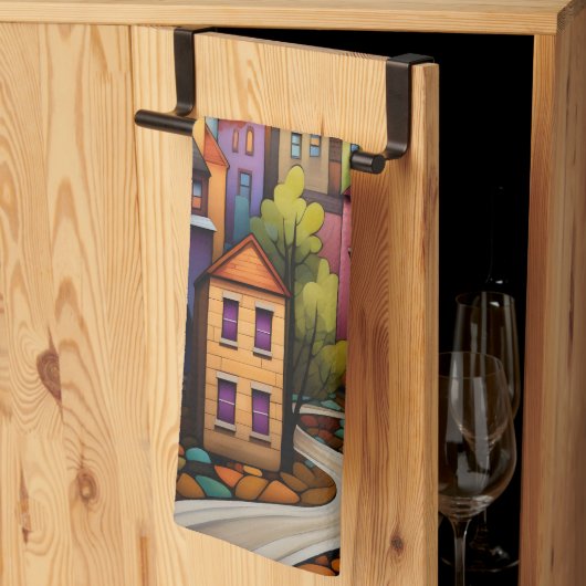 家カラフルと秋の木 キッチンタオル (三つ折り)