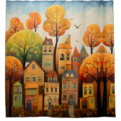 家カラフルと秋の木 シャワーカーテン (正面)