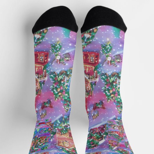 家カラフルや木のあるクリスマスの村 ソックス (上部)