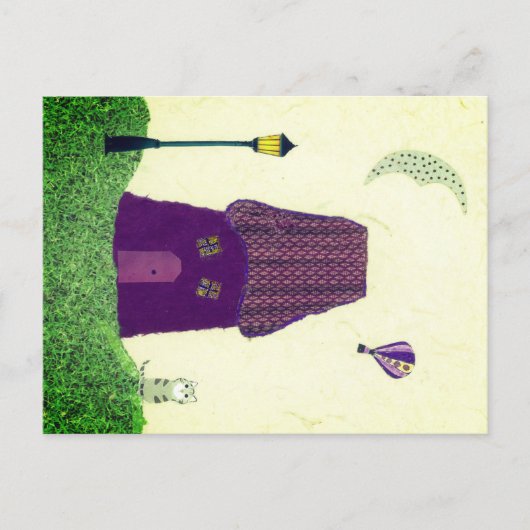 家カラフル付はがき、熱気球、猫 ポストカード (正面)