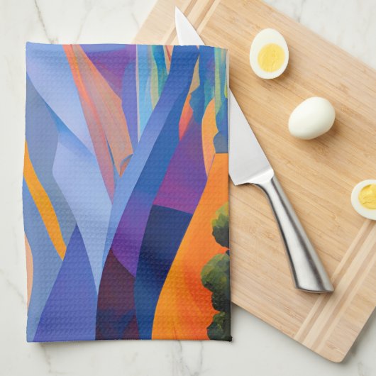 家モダンと木のある丘の上のアートの日の出 キッチンタオル (四つ折り)