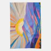 家モダンと木のある丘の上のアートの日の出 キッチンタオル (縦)