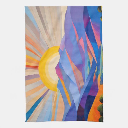 家モダンと木のある丘の上のアートの日の出 キッチンタオル (縦)