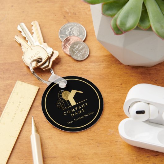 家モダンロゴ黒と金ゴールドQrコード キーホルダー (デスク)
