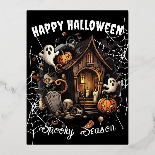 🎃家不気味幽霊のよく出る葉書 – 黒👻🕷️ 箔シーズンポストカード (正面)