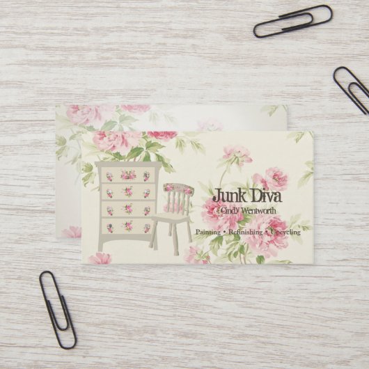 家具色彩の鮮やか花飾り椅子ピンクのバラ 名刺 (正面/裏面インサイチュ)