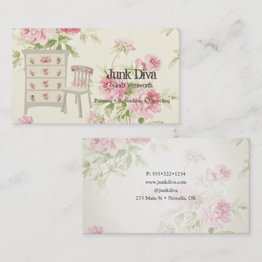 家具色彩の鮮やか花飾り椅子ピンクのバラ 名刺 (正面/裏面)