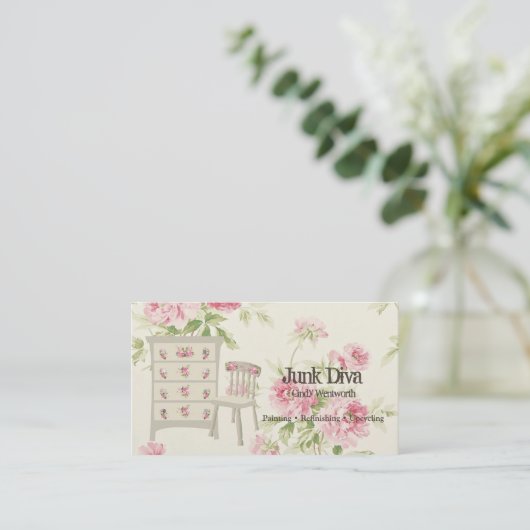 家具色彩の鮮やか花飾り椅子ピンクのバラ 名刺 (スタンド正面)