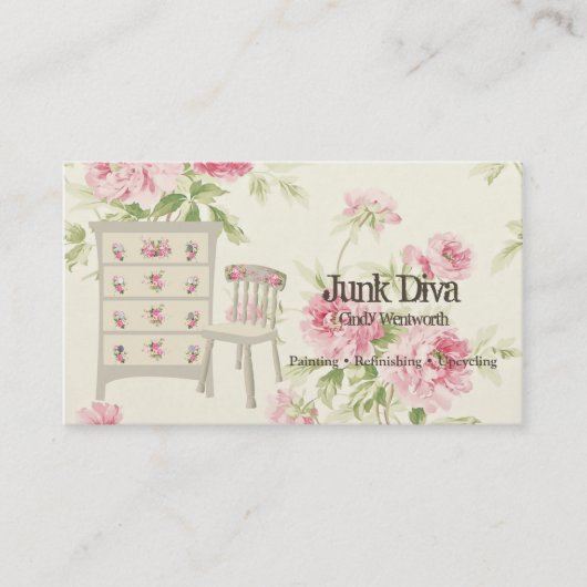 家具色彩の鮮やか花飾り椅子ピンクのバラ 名刺 (正面)
