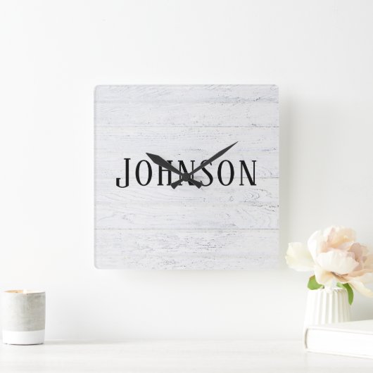 家名を付けた白塗りの木材 スクエア壁時計 (ホーム)