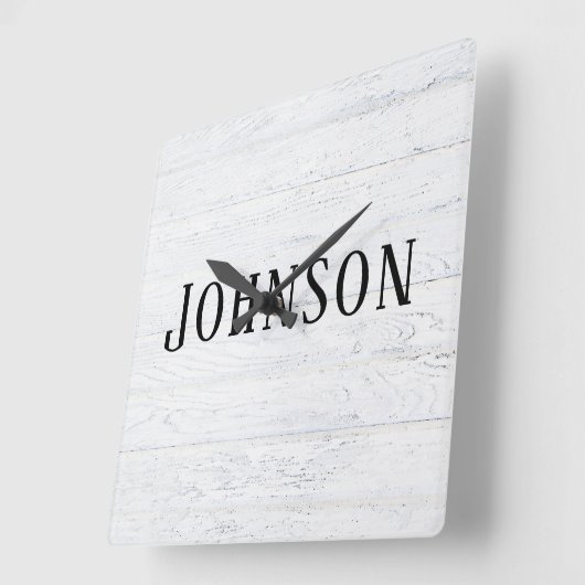 家名を付けた白塗りの木材 スクエア壁時計 (傾斜)