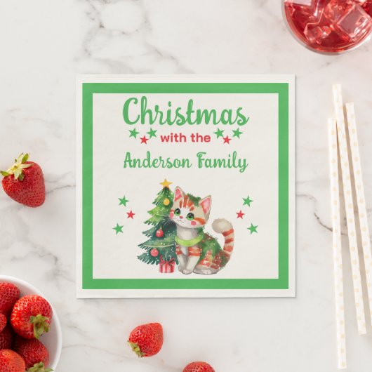 家名ネコの木グリーンレッドクリスマス スタンダードランチョンナプキン (インサイチュ)