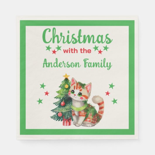 家名ネコの木グリーンレッドクリスマス スタンダードランチョンナプキン (正面)