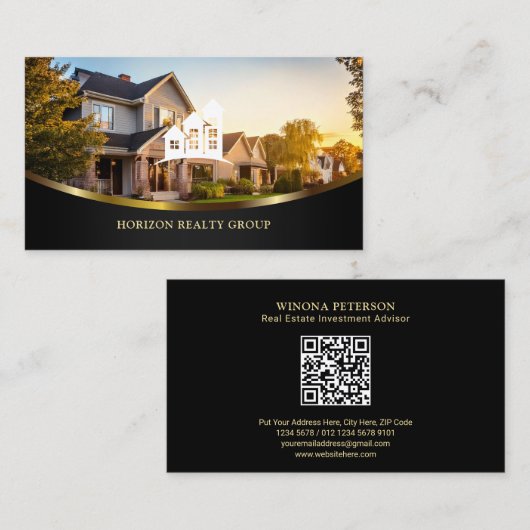 家実在写真つき不動産，金ゴールドアクセント， QRコード 名刺 (正面/裏面)