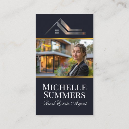 家実在前に立つ不動産モダン代理 名刺 (正面)