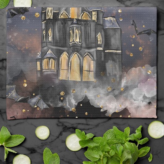 家幽霊のよく出る屋 |不気味満月の木とこうもり キッチンタオル