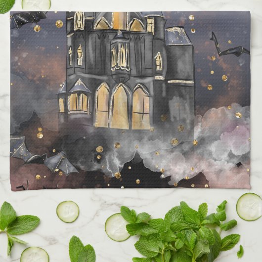 家幽霊のよく出る屋 |不気味満月の木とこうもり キッチンタオル (折り畳み)