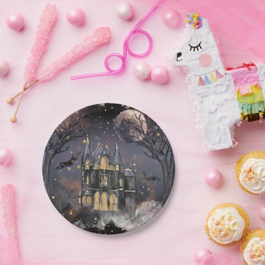 家幽霊のよく出る屋 |不気味満月の木とこうもり ペーパープレート (パーティー)