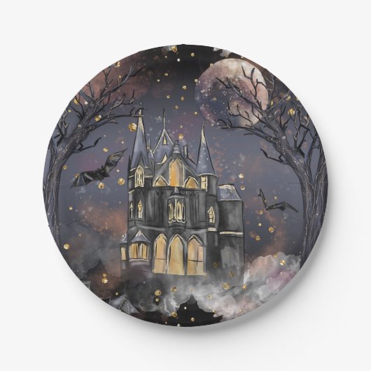 家幽霊のよく出る屋 |不気味満月の木とこうもり ペーパープレート (正面)